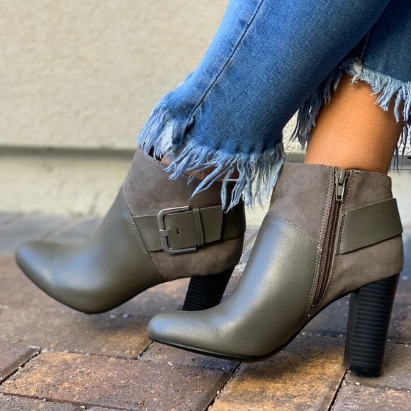 Olive Distressed Leather Chunky Heel Ankle Booties - Picture 4 of 8